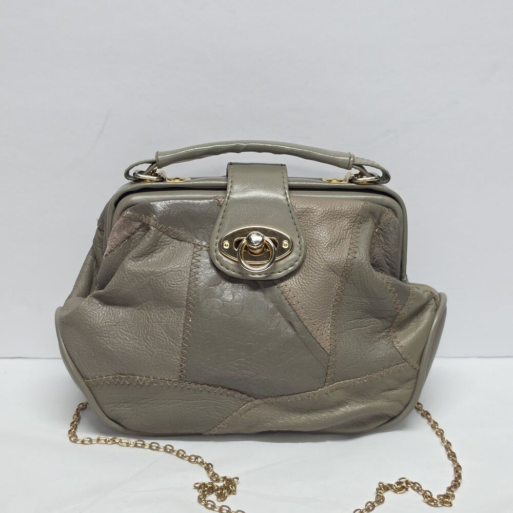 Vintage 1980s Gray Leather Patchwork Shoulder Bag Purse Satchel Boho Retro